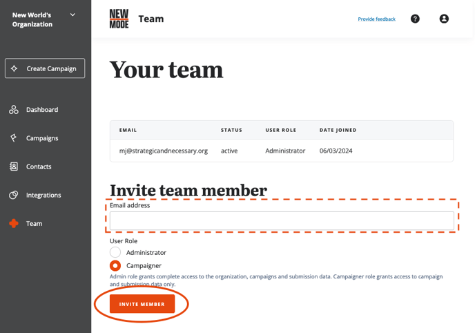 V2 Team page - Invite team member