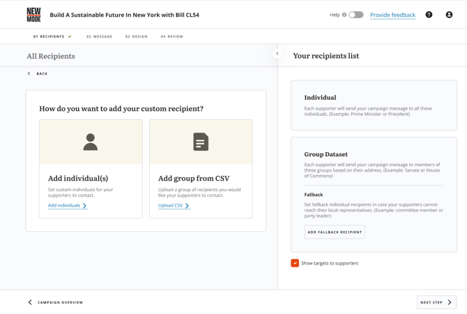 a screenshot of the custom recipients menu options
